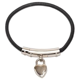 Black Hermès Leather Cadena Heart Charm Bracelet