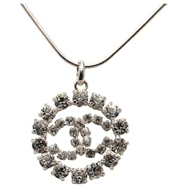 Chanel Silberne CC Messing Strass Anhänger Halskette