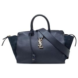Borsa cabas Downtown in pelle di vitello con bordi in scamosciato blu Saint Laurent