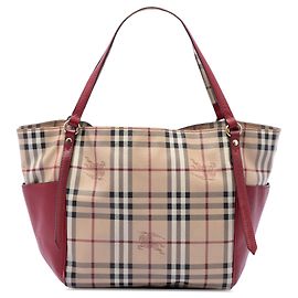 Tote Canterbury in tela rivestita con motivo Haymarket Check e bordi in pelle beige Burberry Small