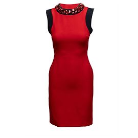 Prada Kleid aus Woll-Seiden-Mischung mit Verzierungen Rot & Schwarz Größe IT 38
