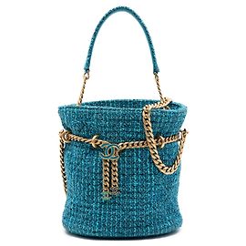 Borsa Bucket Chanel Tweed Blu con chiusura CC e manico superiore Satchel