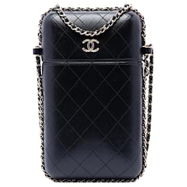 Borsa a tracolla Chanel CC trapuntata in agnello nero con catena porta telefono