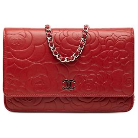 Red Chanel CC Embossed Lambskin Camellia Wallet On Chain Crossbody Bag
