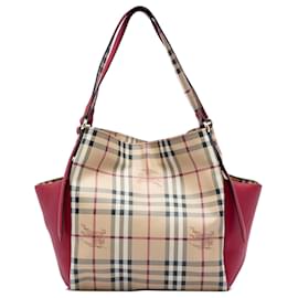 Tote Canterbury in tela rivestita con motivo Haymarket Check e bordi in pelle beige Burberry Small