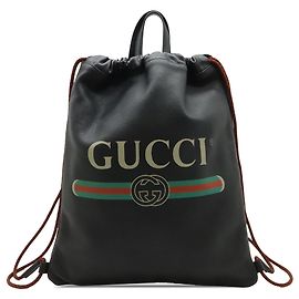Gucci Rucksack aus genarbtem Kalbsleder in Schwarz mit Web-Logo und Kordelzug