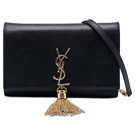 Borsa a tracolla portafoglio Kate con nappa in pelle di vitello liscia nera Saint Laurent Monogram con nappa e catena