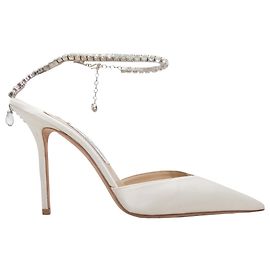 Décolleté a punta in raso bianco con decorazioni in cristallo Jimmy Choo Taglia 41.5
