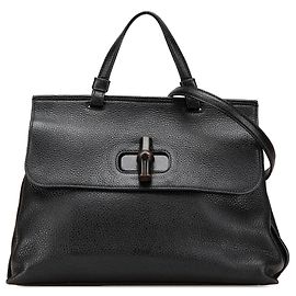 Borsa satchel quotidiana in pelle con bambù nero Gucci Medium