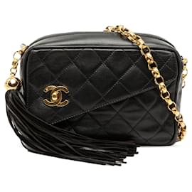 Borsa a tracolla Chanel Mini CC in agnello trapuntato nero con nappa