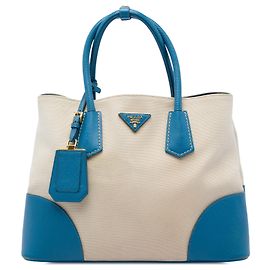Doppia borsa in tela con bordi in pelle Saffiano blu di medie dimensioni Prada