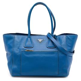 Borsa Tote Satchel Convertibile Aperta con Tasca Anteriore in Vitello Daino blu Prada