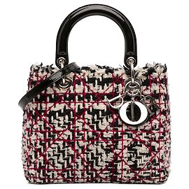 Bolsa Lady Dior em tweed cannage com franjas, tamanho Medium, preto e vermelho