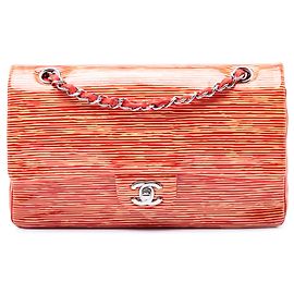 Bolso de Hombro Chanel Medium Classic Patent Striped Double Flap Naranja