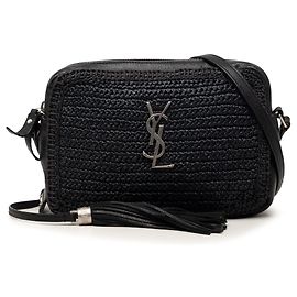 Borsa Lou in rafia intrecciata e pelle nera Saint Laurent