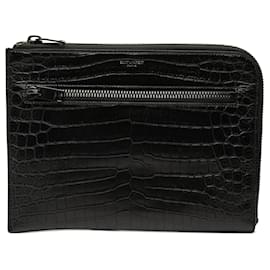 Clutch de cuero con grabado de cocodrilo negro Saint Laurent