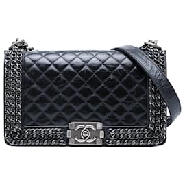Borsa a tracolla Chanel Old Medium Quilted Glazed Calfskin Chain Around Boy Flap Blu