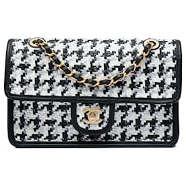 Borsa a tracolla Single Flap in agnello intrecciato e viscosa pied-de-poule Black Chanel CC