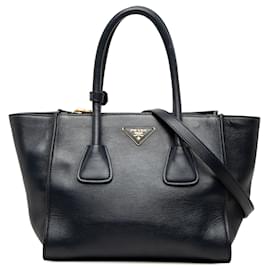 Borsa satchel blu in pelle di vitello lucida con doppia tasca e doppio manico Prada
