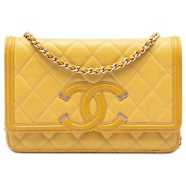 Yellow Chanel Caviar CC Filigree Wallet On Chain Crossbody Bag
