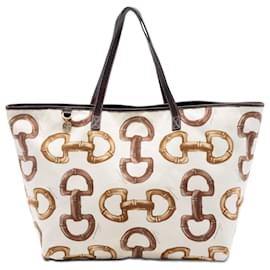 Tote in tela stampata Gucci marrone con manici in bambù e mors