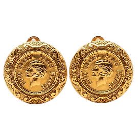 Gold Chanel Gold Plated Coco Profile Round Clip On Earrings