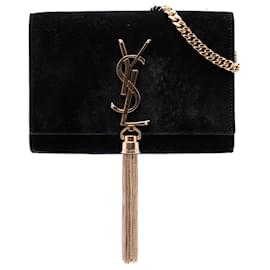 Borsa a tracolla piccola Saint Laurent Kate in scamosciato nero con monogramma e nappa