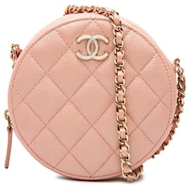Clutch rotonda Chanel CC trapuntata caviar iridescente rosa con borsa a tracolla con catena