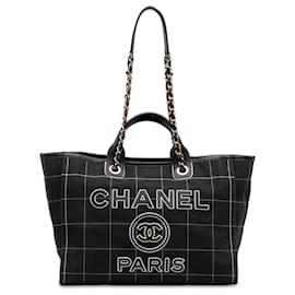 Black Chanel Medium Canvas Square Stitch Deauville Tote Satchel