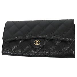 Black Chanel Classic Caviar Flap Wallet Long Wallets