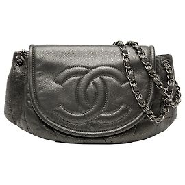 Borsa a tracolla Chanel Large Metallic Caviar Half Moon Flap grigia