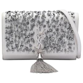 Borsa a tracolla Saint Laurent Kate Tassel Wallet on Chain in pelle di vitello con perline e monogramma bianca