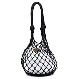 Borsa bucket in rete e pelle nera Prada