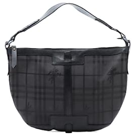 Borsa Hobo in tela rivestita Burberry Haymarket Check nera