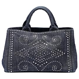 Borsa Prada Studded Denim Canapa Logo Grigio