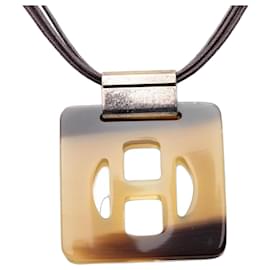 Brown Hermès Buffalo Horn Square Pendant Necklace