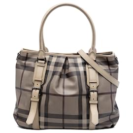Borsa satchel in tela rivestita Burberry Smoked Check beige