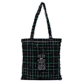 Black Chanel Large Tweed Resin Embellished Robot Shopping Tote