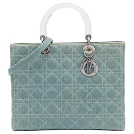 Borsa Lady Dior in denim blu, grande, con manici in acrilico cannage