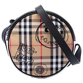 Bolsa transversal redonda Burberry em lona House Check e pele de vitela bege com estampa cartoon