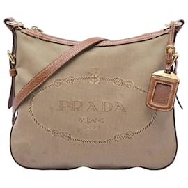 Borsa a tracolla Prada in tela Canapa beige con logo