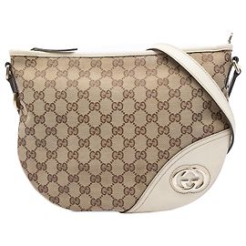 Borsa a tracolla mezzaluna Gucci Medium GG Canvas New Britt beige