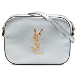 Piccola borsa a tracolla Classic Monogram in pelle di vitello metallizzata argento Saint Laurent