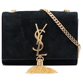Borsa a tracolla piccola Saint Laurent Kate in scamosciato nero con monogramma e nappa