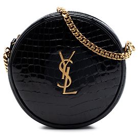 Borsa macchina fotografica rotonda in vinile lucido con stampa coccodrillo nero Saint Laurent