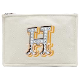 Custodia piatta Hermès H Canvas ricamata Beige Electrique