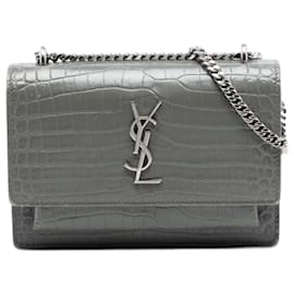 Gray Saint Laurent Mini Croc Embossed Leather Monogram Sunset Wallet on Chain Crossbody Bag
