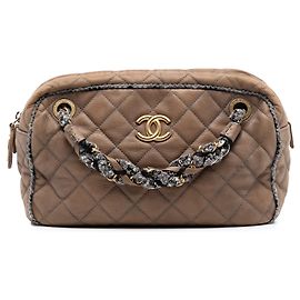 Borsa Bowler Chanel CC in tweed e pelle di vitello trapuntata iridescente marrone