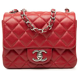 Borsa a tracolla Chanel Mini Square Classic Caviar con patta singola rossa
