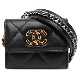 Portafoglio monete e borsa a tracolla Chanel 19 in agnello nero con catena